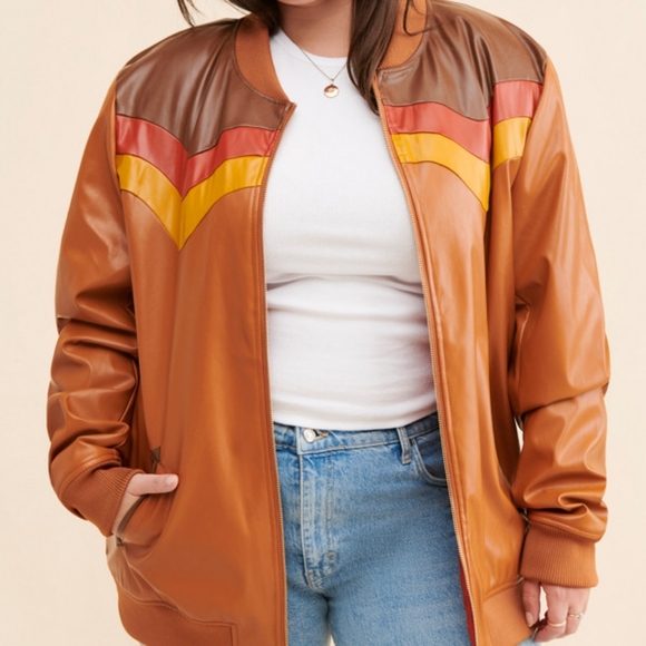 Vegan leather brown bomber jacket size XXL - Picture 5 of 5